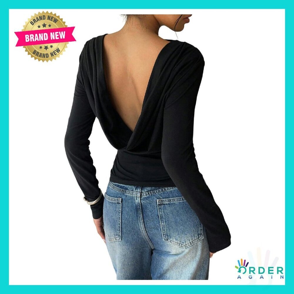 Sexy Backless Long Sleeve Top Draped Ruched Cinched Waist Y2K Chic